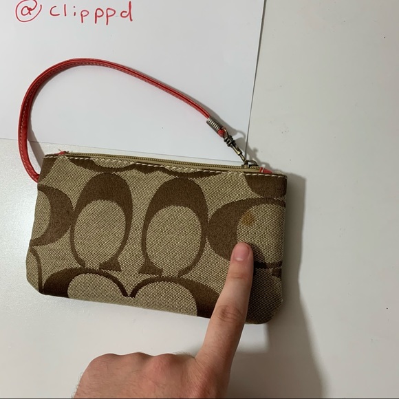 Coach Zip-Up Wristlet in Khaki with Red trim - Picture 2 of 4
